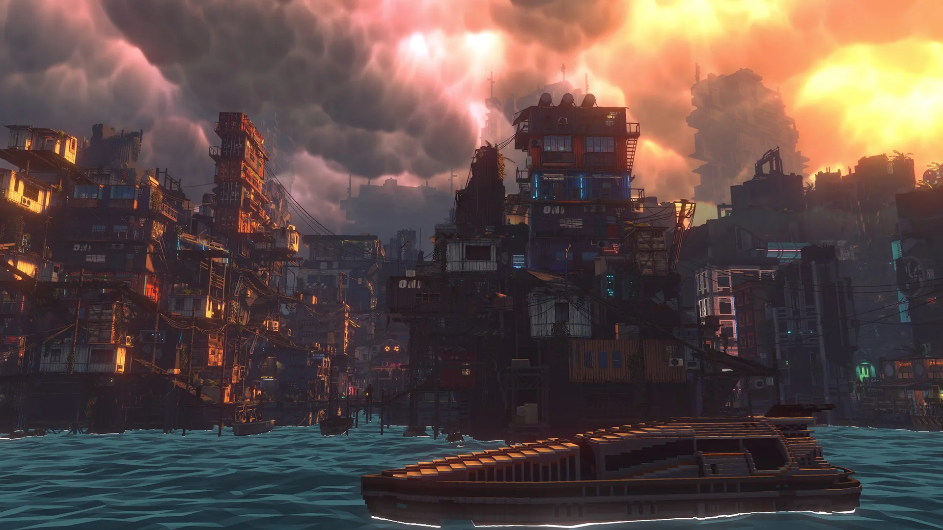 A boat heading across open water towards a city under a stormy orange sky