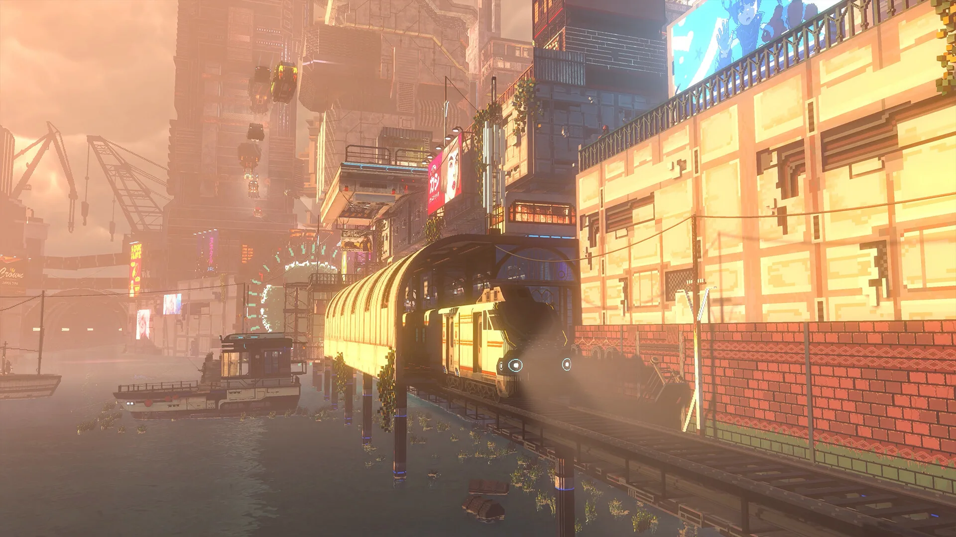 A foggy canal with a yellow tram car and small boats between brick walls