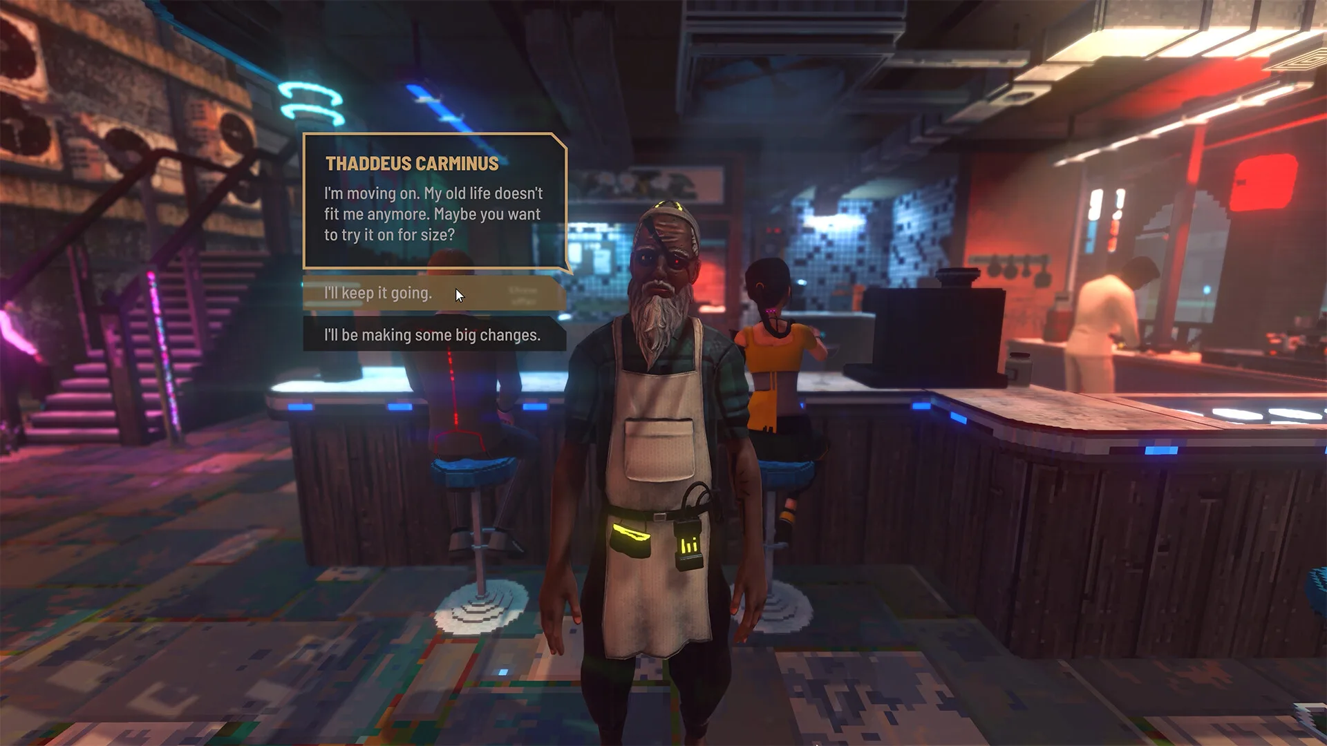 A bearded man in an apron at a bar counter with a dialogue box and two reply options