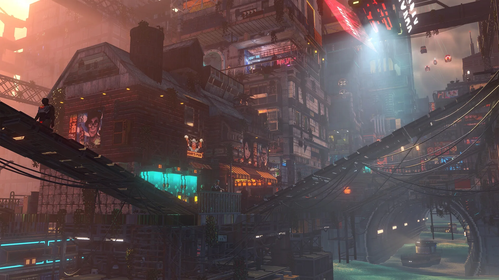 An elevated rail line running through fog past old buildings, with a crane in the background