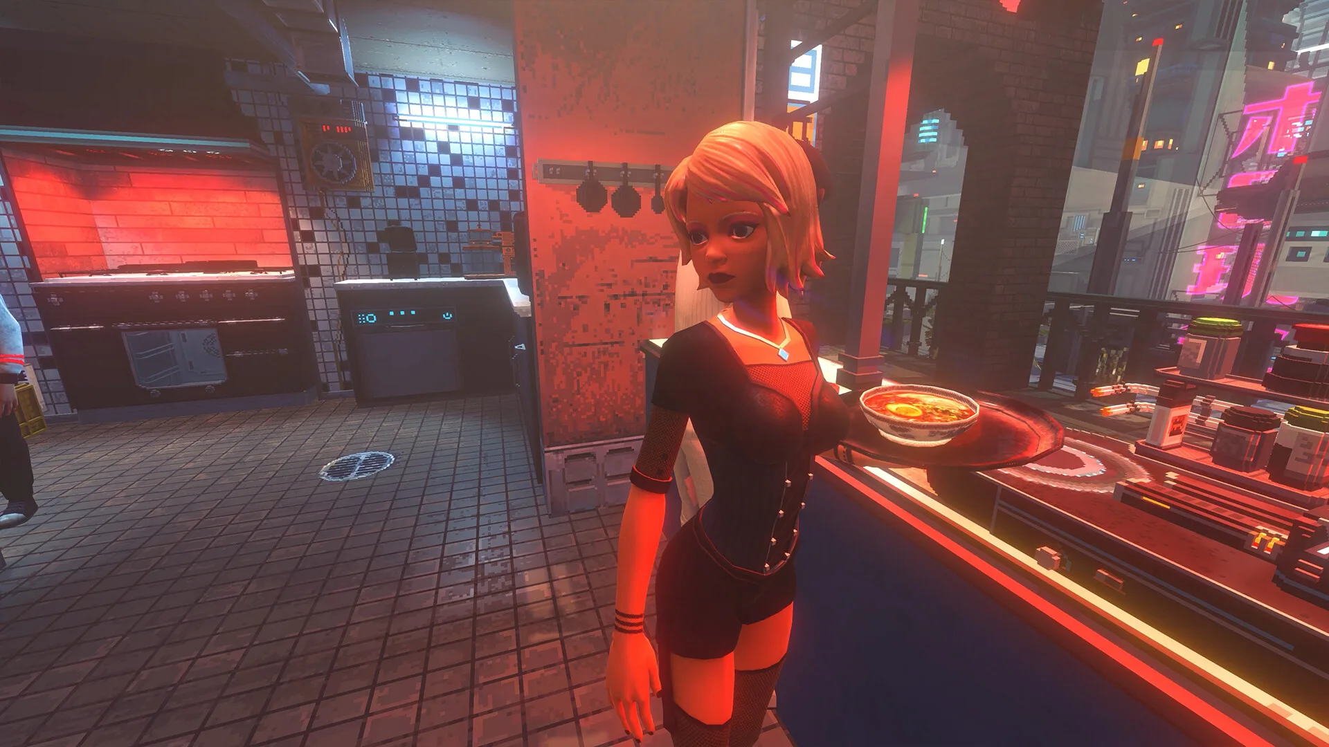 A server holding a bowl of noodles on a tray next to a tiled kitchen