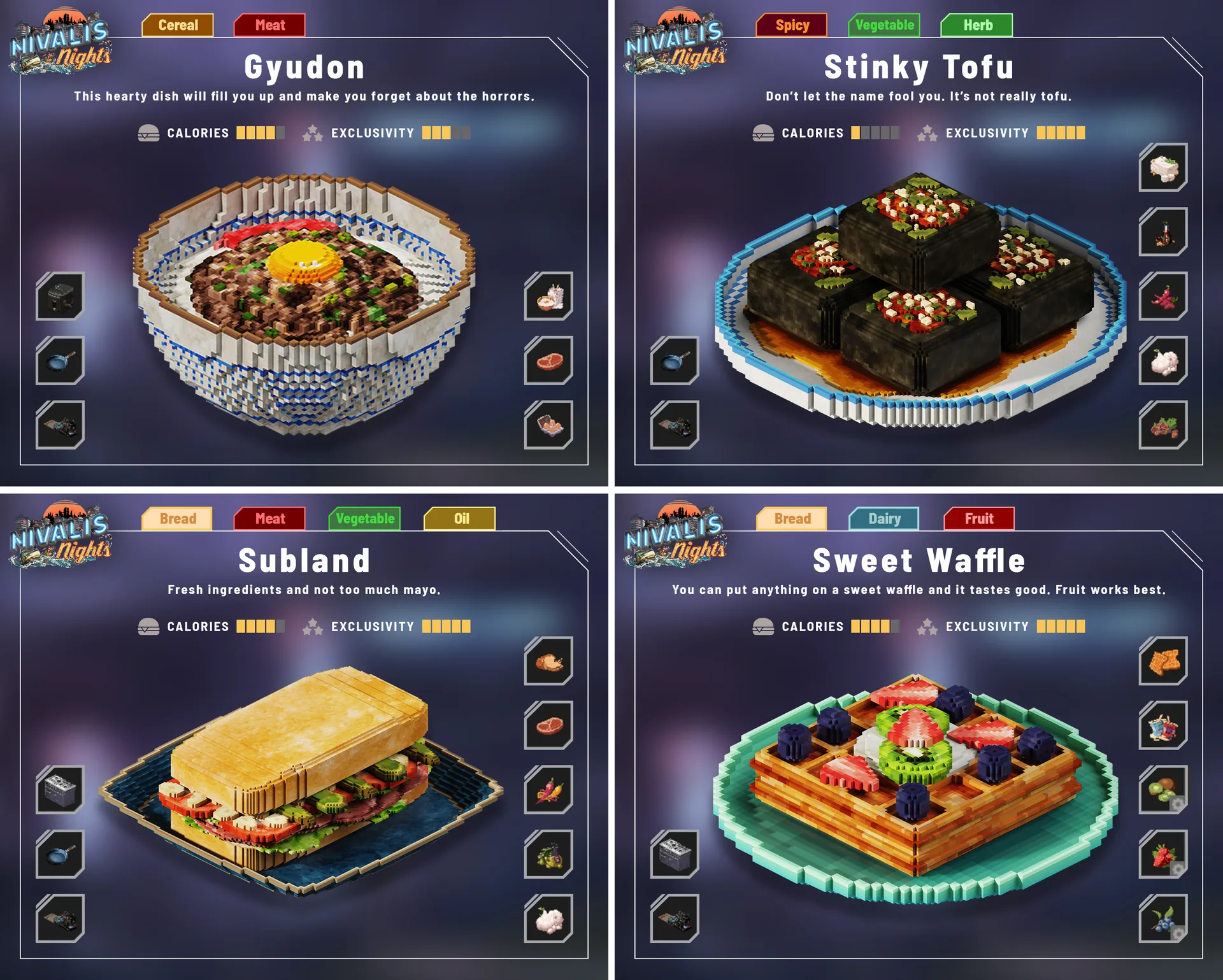 Four dish cards for Gyudon, Stinky Tofu, Subland and Sweet Waffle, each with a voxel plate of food