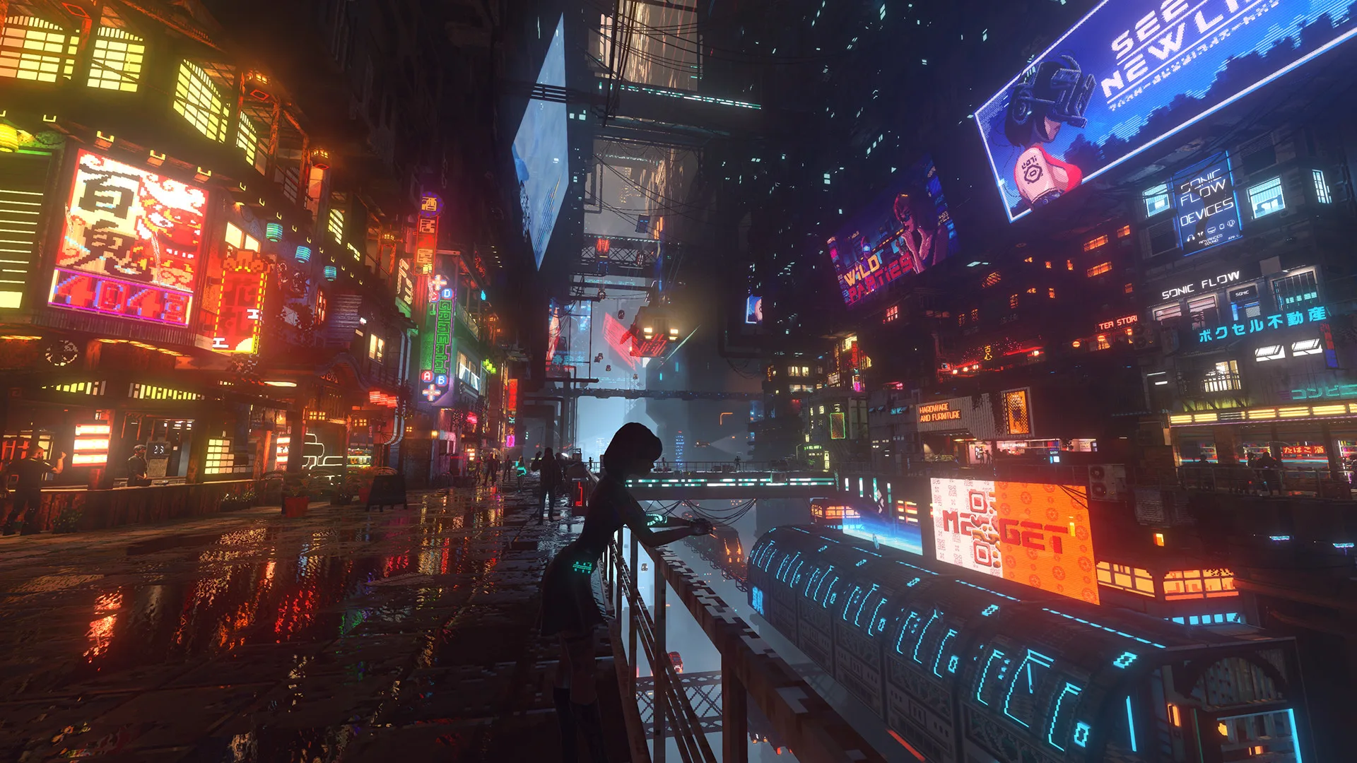 A figure leaning on a railing above a deep neon-lit street with large billboards at night
