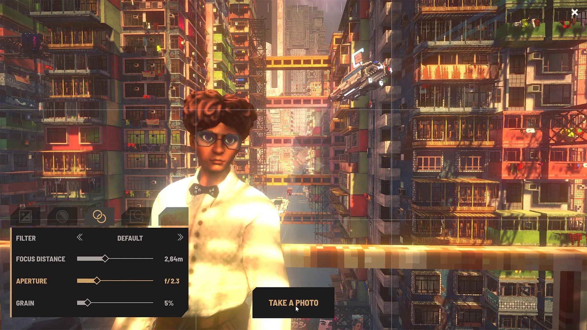 Photo mode panel with filter, focus distance, aperture and grain settings, framing a character in glasses on a balcony