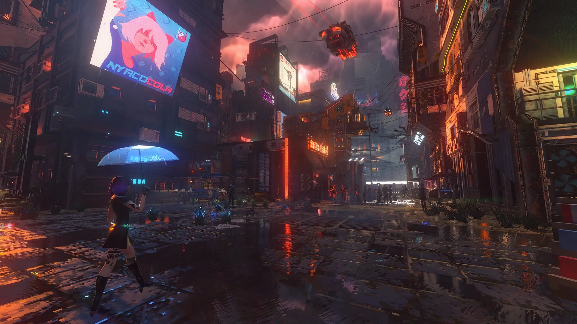 A rainy street at night with pedestrians under clear umbrellas and neon billboards overhead