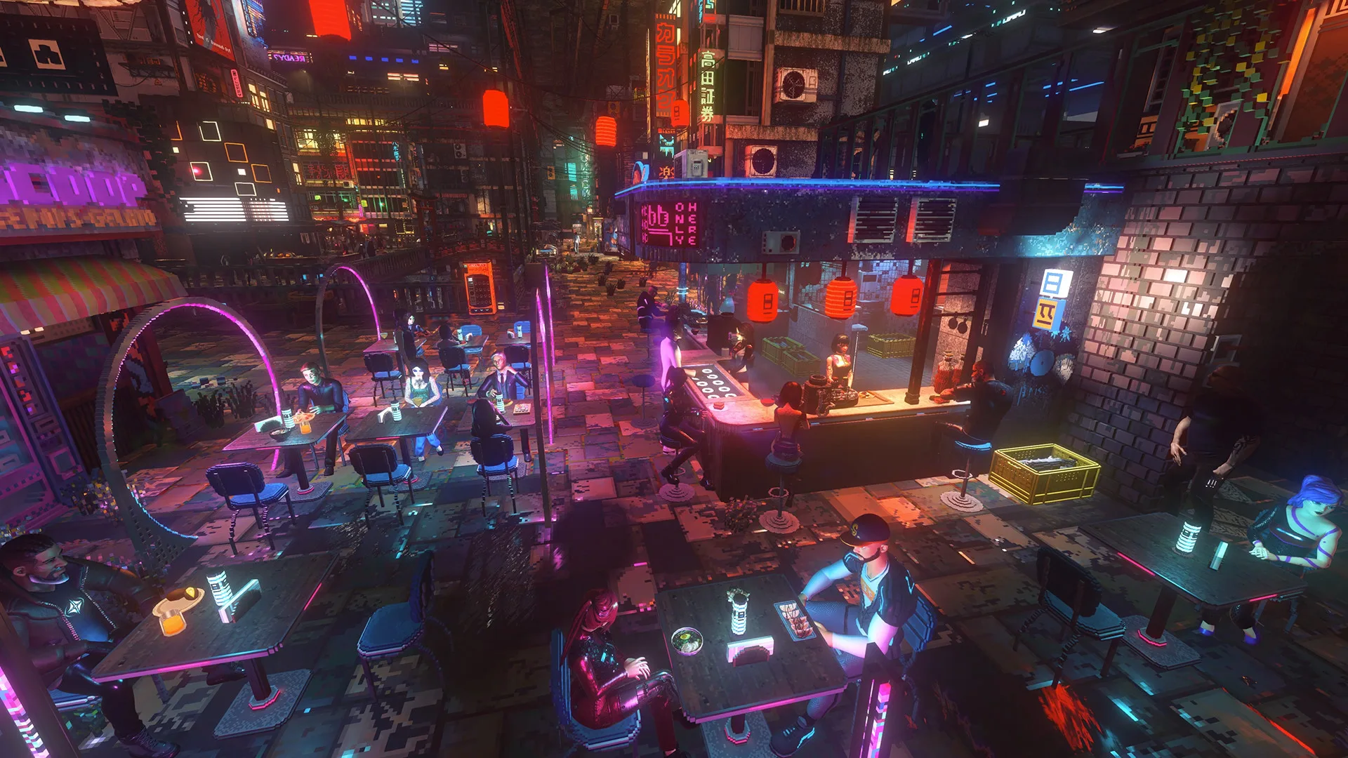 A busy restaurant seen from above, with a bar and tables of customers under neon