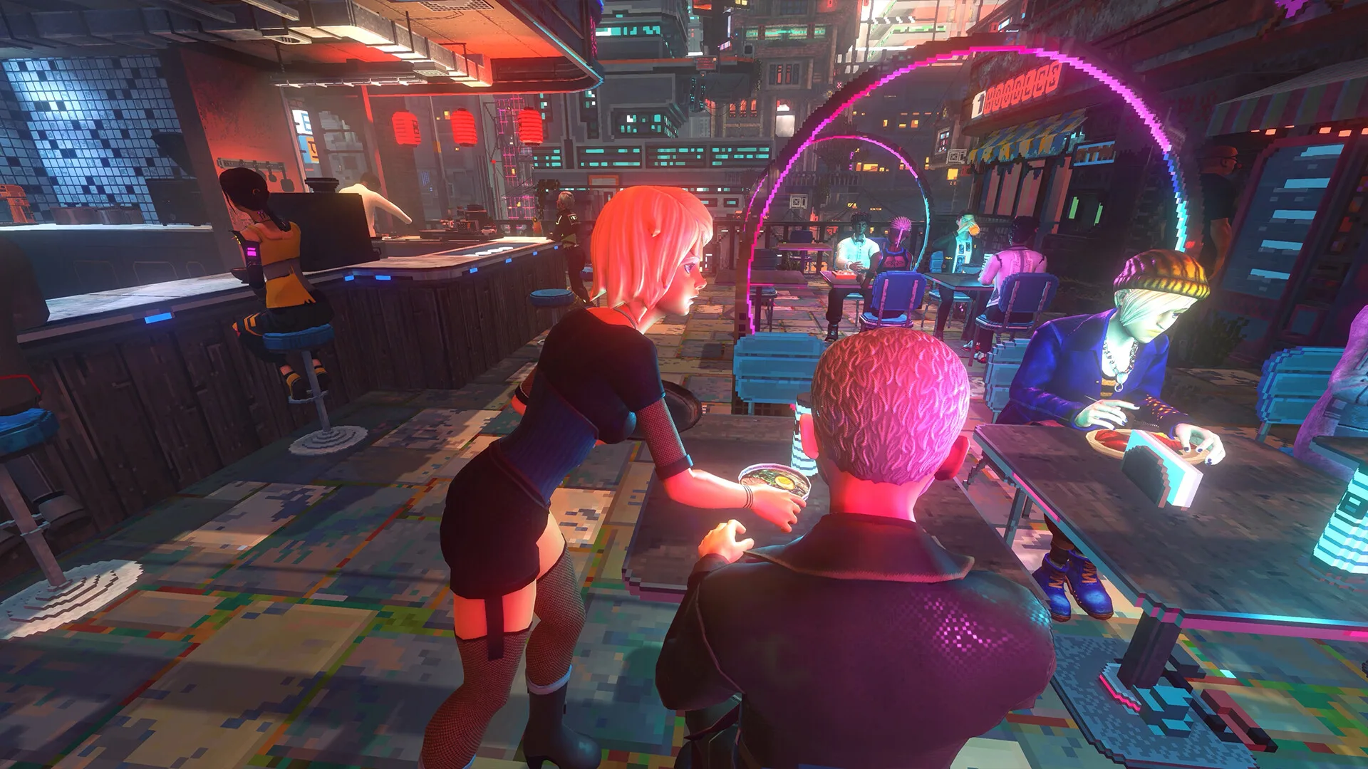 A server carrying a bowl to a customer in a busy restaurant lit by neon rings