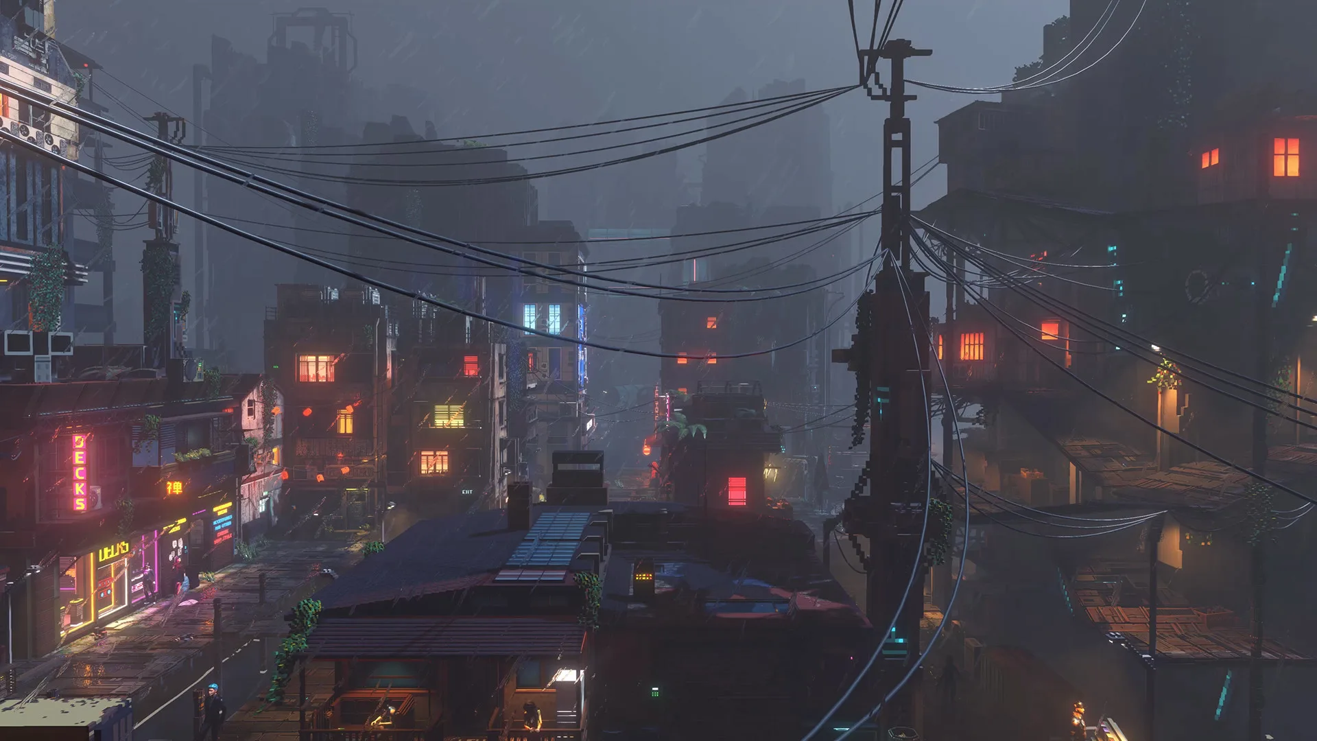Rooftops and sagging power lines in rain and fog, with lit windows and neon signs on the street below