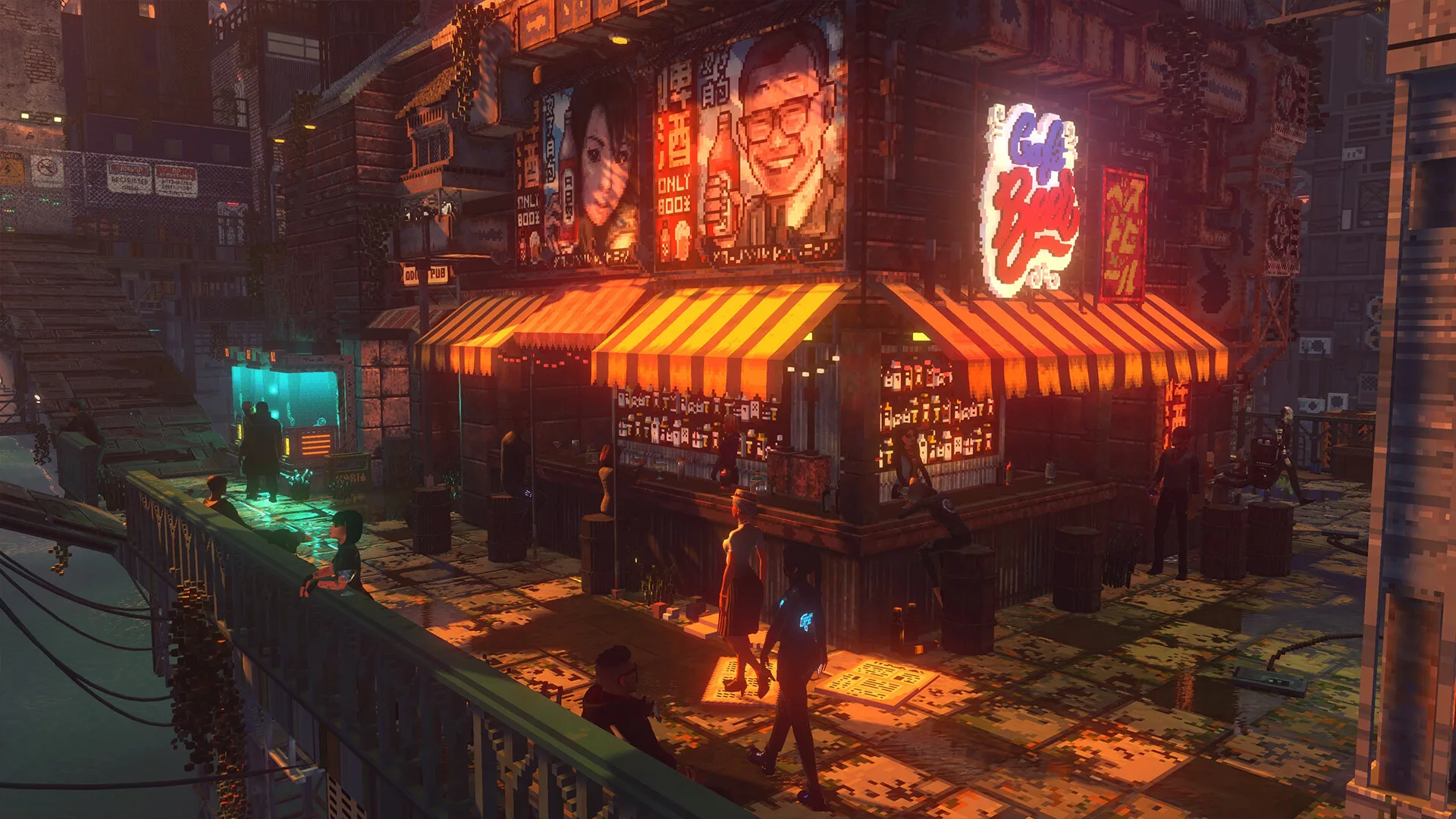 A street food stall under an orange striped awning, lit by neon signs