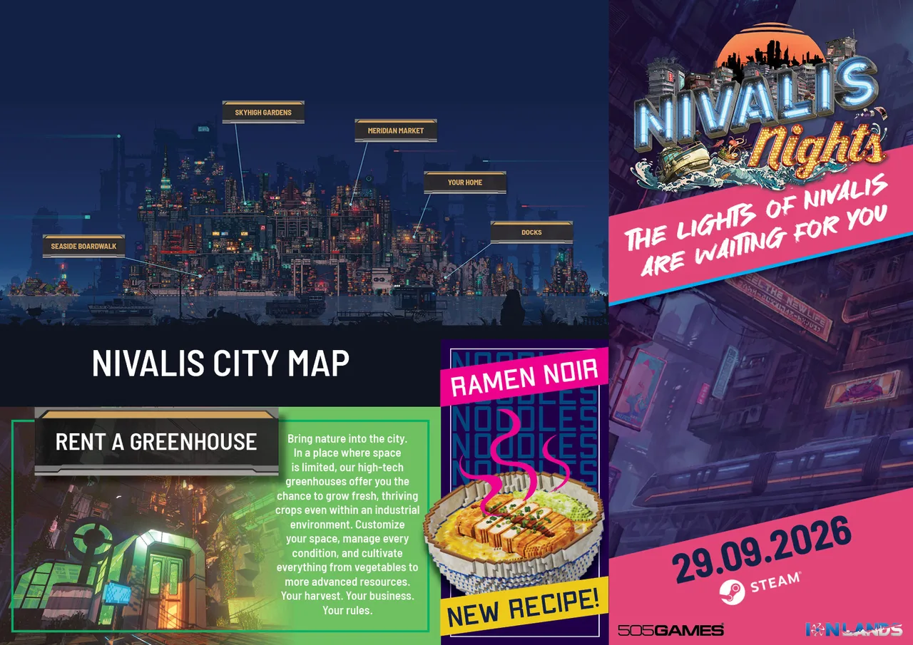 Brochure page with a city skyline map and five labelled places, a greenhouse panel and a noodle poster