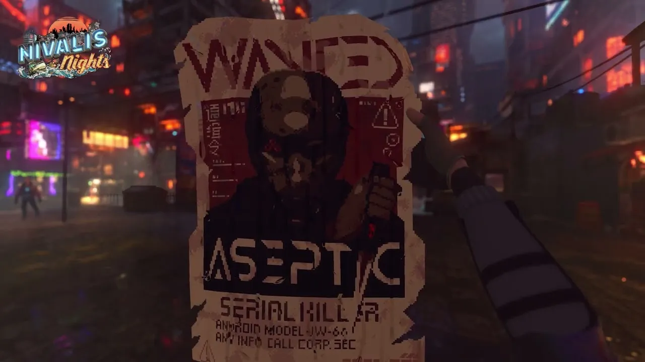 A torn wanted poster held up in a neon street, reading Wanted, Aseptic, Serial Killer, Android Model JW-66